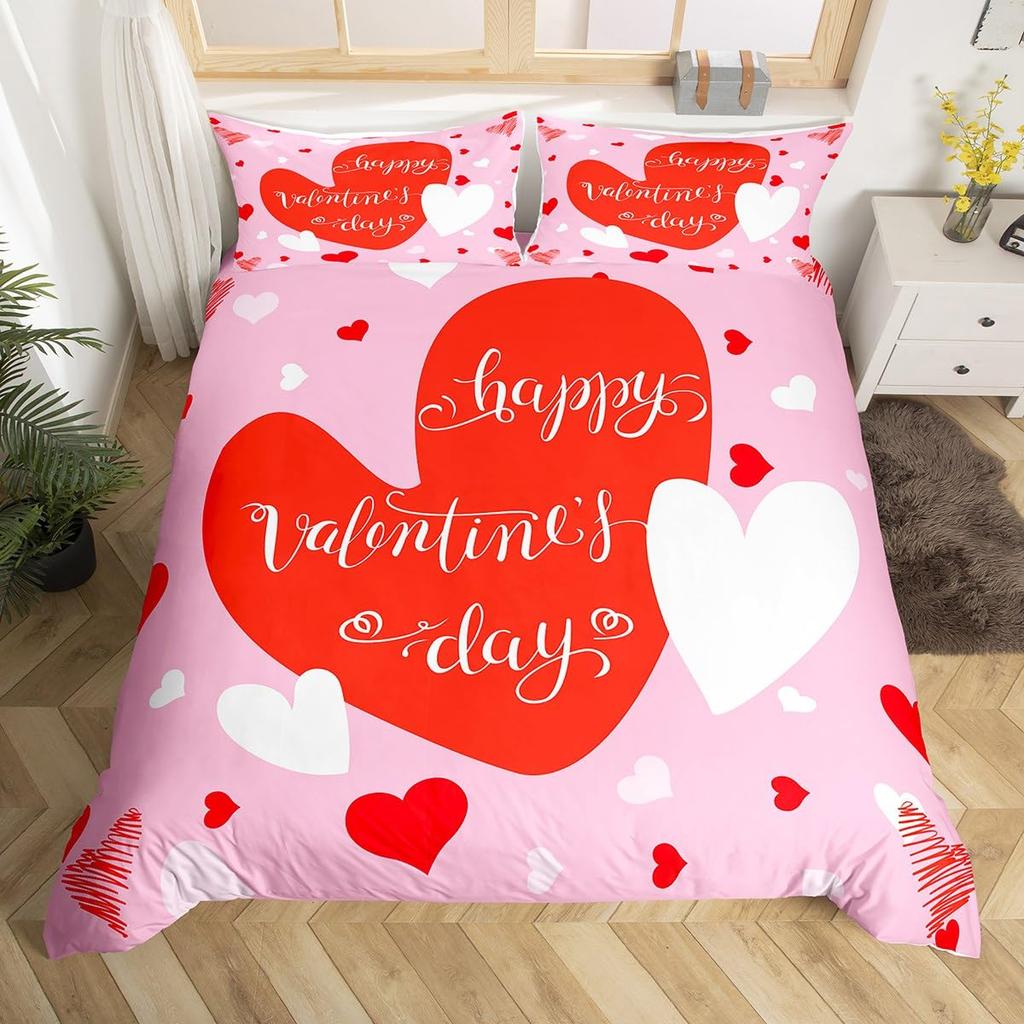 Red Love Heart Duvet Cover For Couples,Bow Romantic Bedding Set Valentines Day Loving Hearts Quilt Cover Wedding Comforter Cover