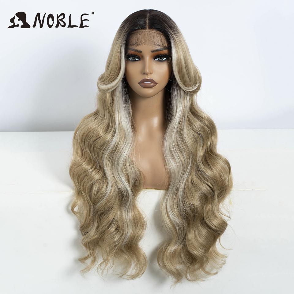 Noble Synthetic Lace Front Wigs For Women 30" Long Body Wave Lace Wig Ombre Brown Blonde Highlight Heat Resistant Cosplay Wigs