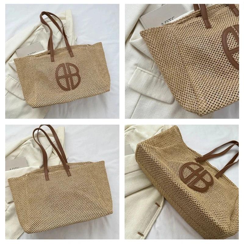 Straw Hollow Knitted Handbag Large Capacity Handmade Shoulder Handbag Women 2025 Designer Casual Beach Bag Ethnic Style