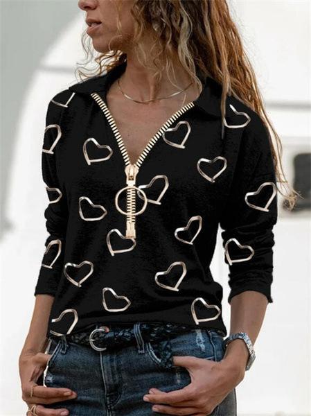 Cross-border foreign trade European and American spring new models, Amazon WISH long-sleeved love printed V-neck zipper T-shirt S чёрный