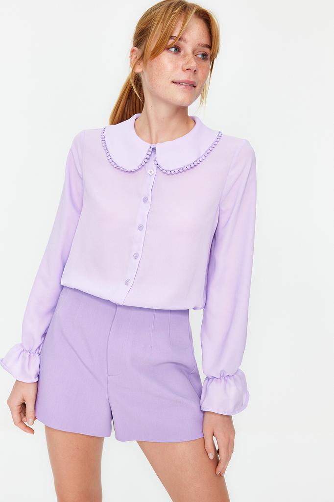 Damenmode Neues Hemd Lila Kragen Detailliertes Rüschen Webhemd