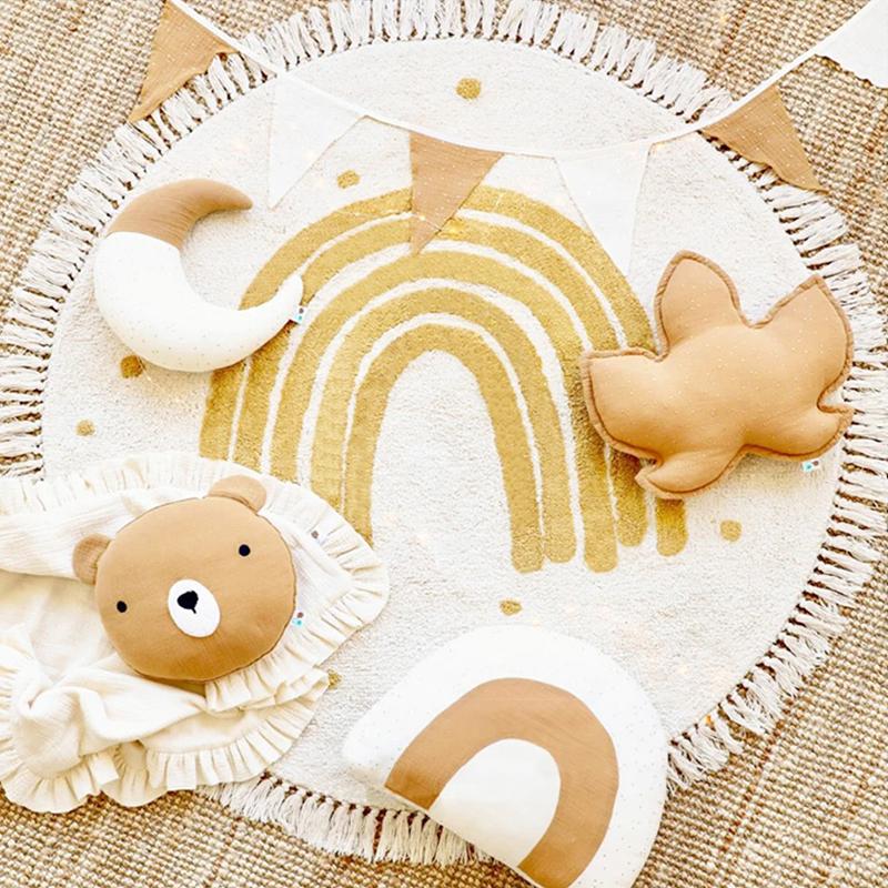 Children's Carpet Round Rainbow Pattern Tassel Bedroom Bedside Mat Home Decoration Rug Cute Girl Style Machine Washable Soft