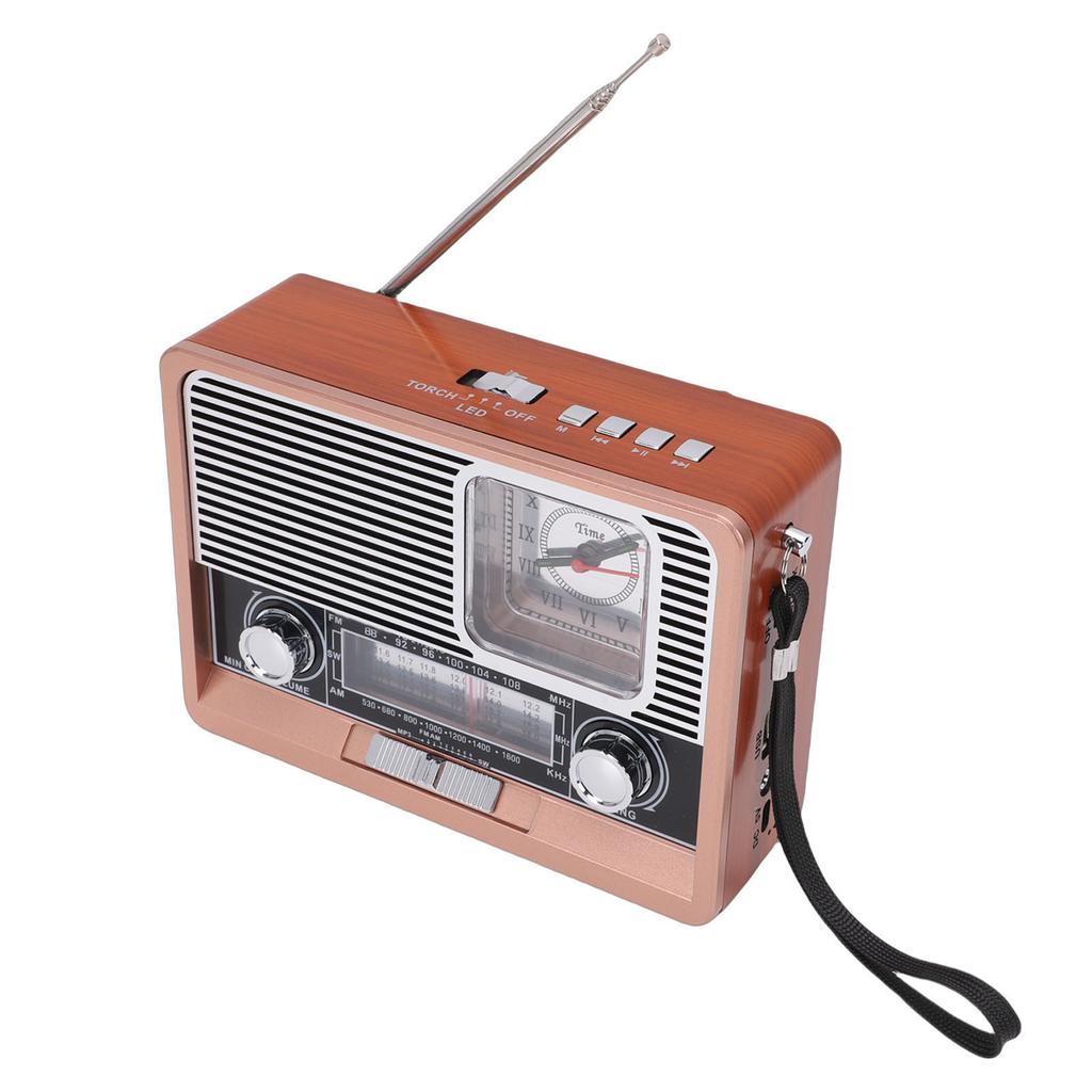 Rádio Retro AM FM SW Recarregável por USB Alimentado por Energia Solar Rádio Relógio Vintage com Lanterna Alto-falante Suporte a Pen Drive USB