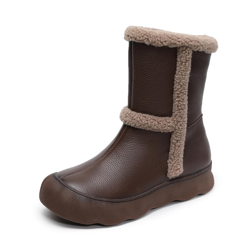Johnature Genuine Leather Plush Thickened Women's Mid-calf Boots Casual Soft Soled Warm Cotton Shoes