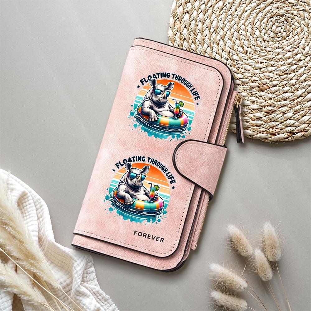 Cute Rhino Print Leather Wallet Fashion Casual Card Holder Long Purse for Women Portable Daily Money Bag