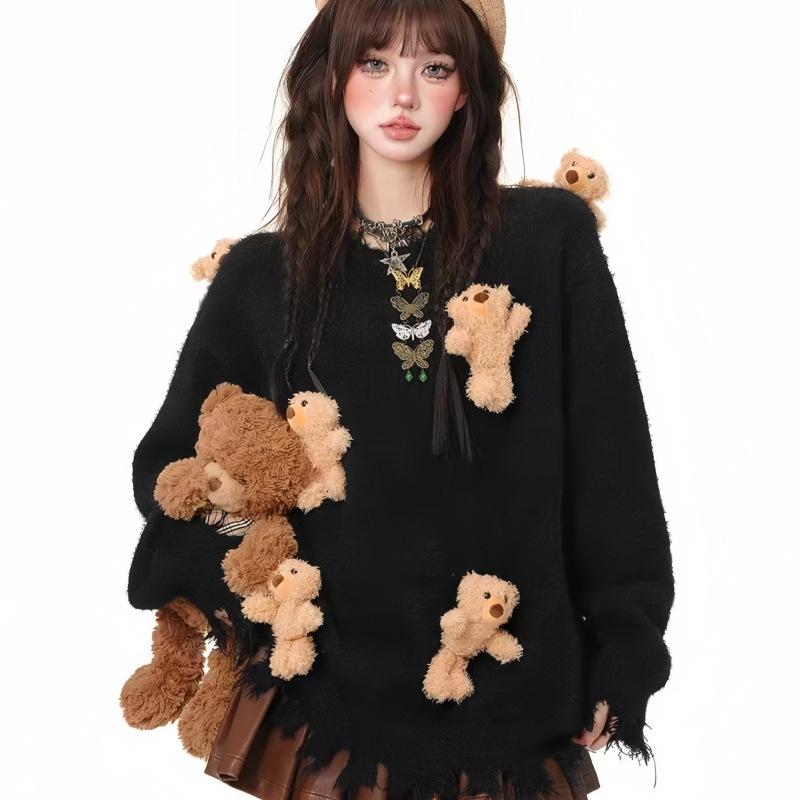 Sweet and Lazy Sweater Women's Bear Accessories Soft Waxy Autumn and Winter Loose Long-sleeved Knitted Sweater Top Women's Clothing