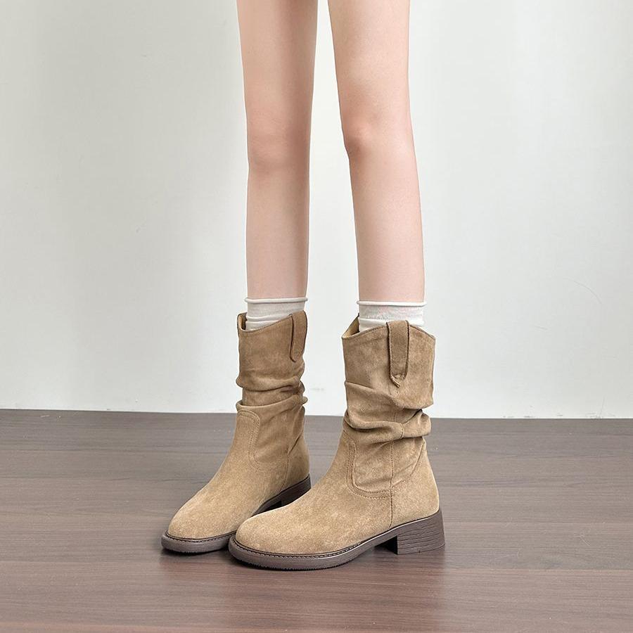 Popular Ladies Martin Boots Autumn Skinny Sleeve Feet Vintage Thick Heel Pile Boots