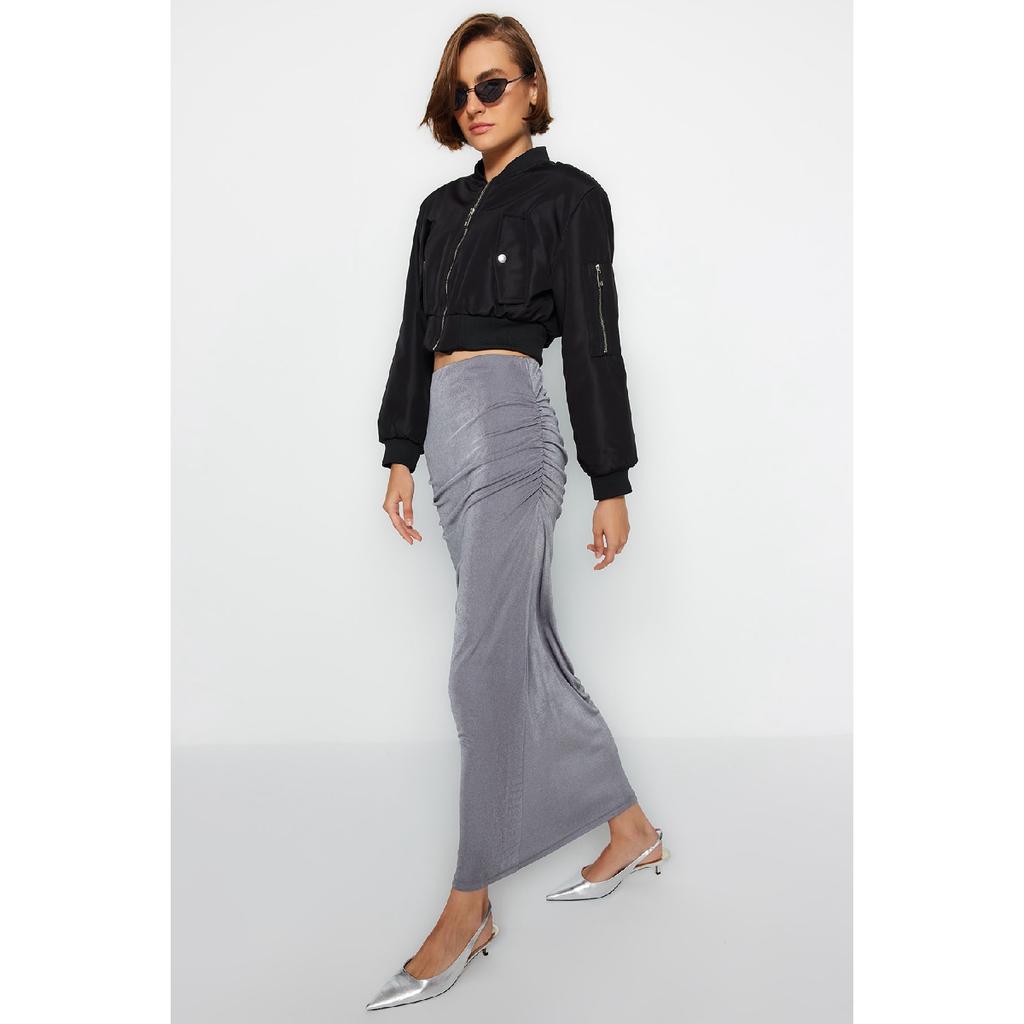 Navy Blue Premium Shiny Surface And Soft Textured Draped Maxi Knitted Skirt Twoaw24et00090