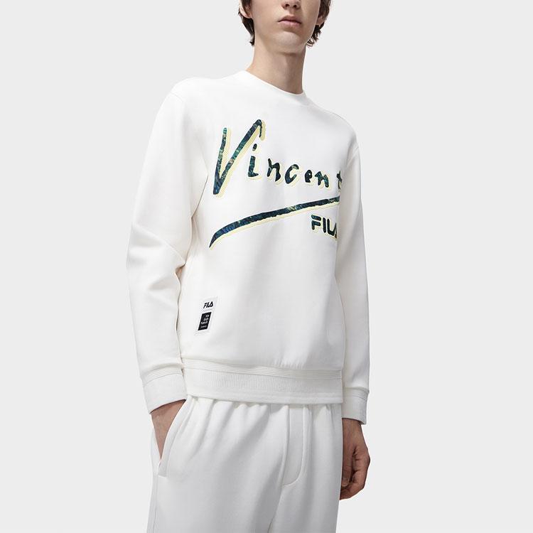 Fila Van Gogh Collaboration Letter Print Crew Neck Long Sleeve Sweatshirt Men Sweatshirt Cloud-Mushroom-White F11M318206F-WT