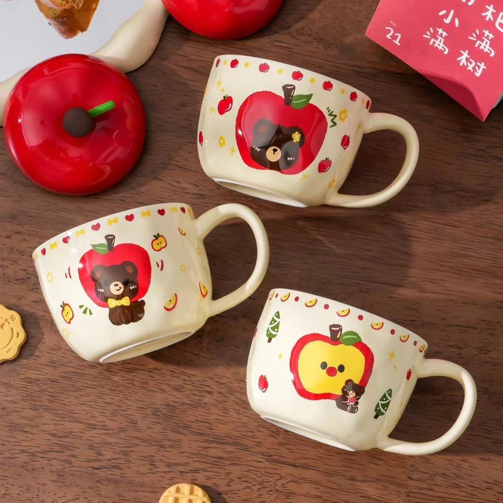 Christmas Gift Apple Ceramic Cup with Lid Spoon Cute Mug for Girl Girlfriend Practical Birthday Gift