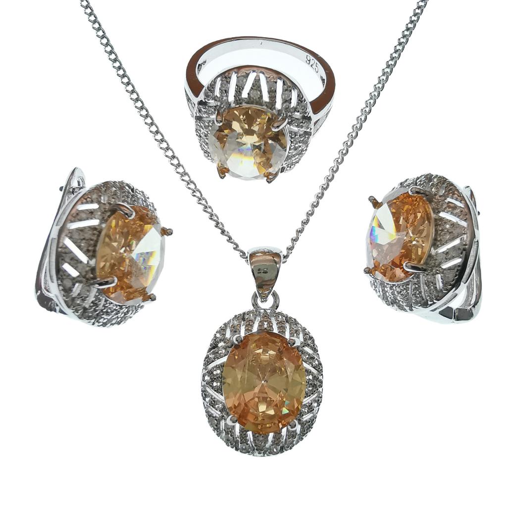 925 Sterling Sølv Brudesmykkesett Zirkon Damesmykker Vielsesringer Øredobber Anheng Armbånd Halskjedesett for Kvinner