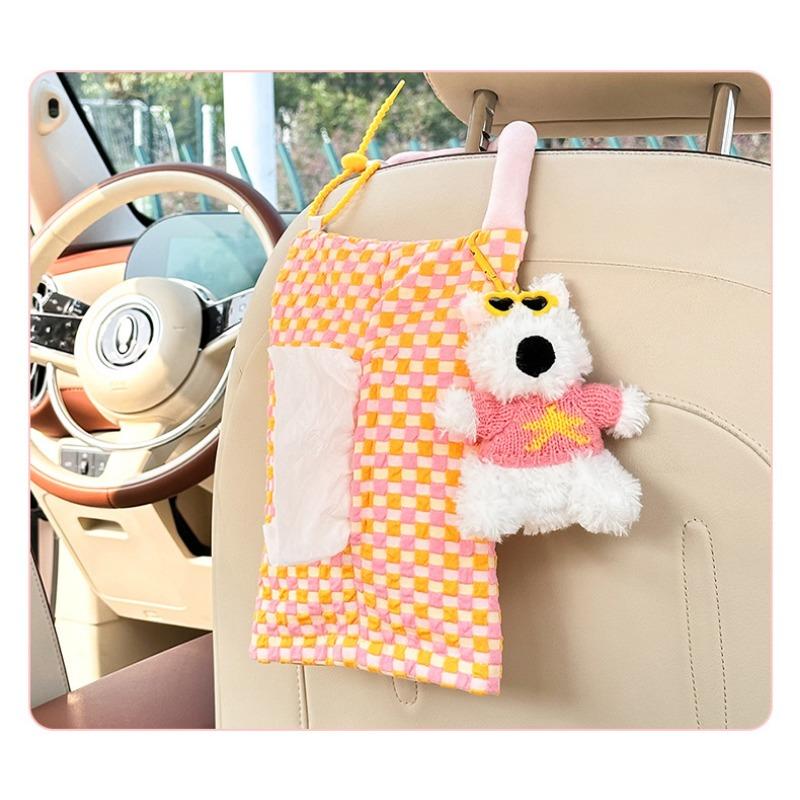 Cute Cartoon Checkerboard Backseat Hanging Car Tissue Box Creative Auto Decoration