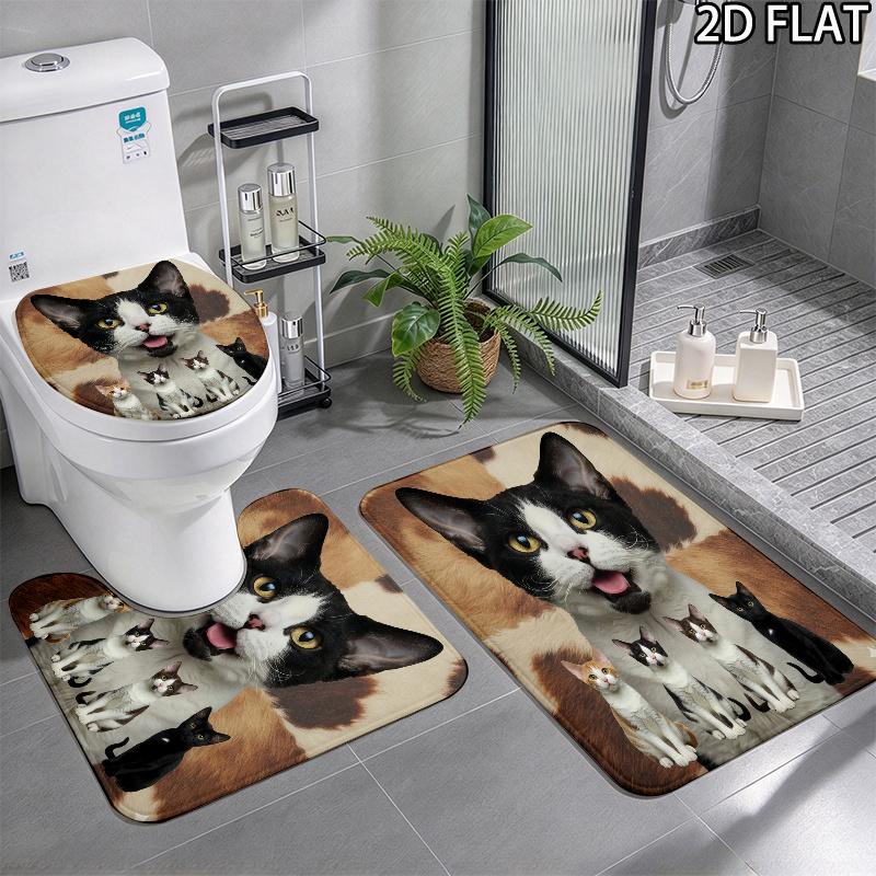 Cute Cat 3D Pattern 3Pcs Bathroom Rug Set, Non Slip Absorbent Bath Mat, Contour Mat & Toilet Lid Cover, Bathroom Decor