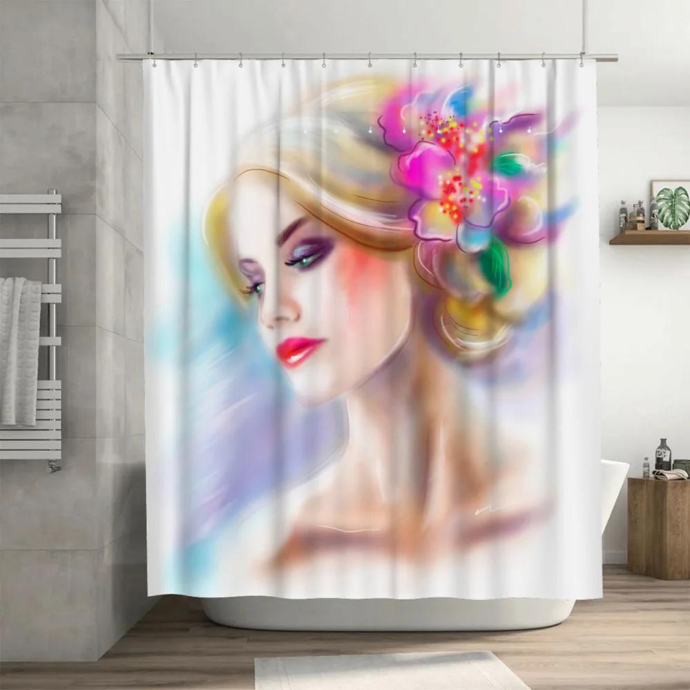 Abstract Pattern Shower Curtain Pink Blue White Decorative Fabric For Bathroom