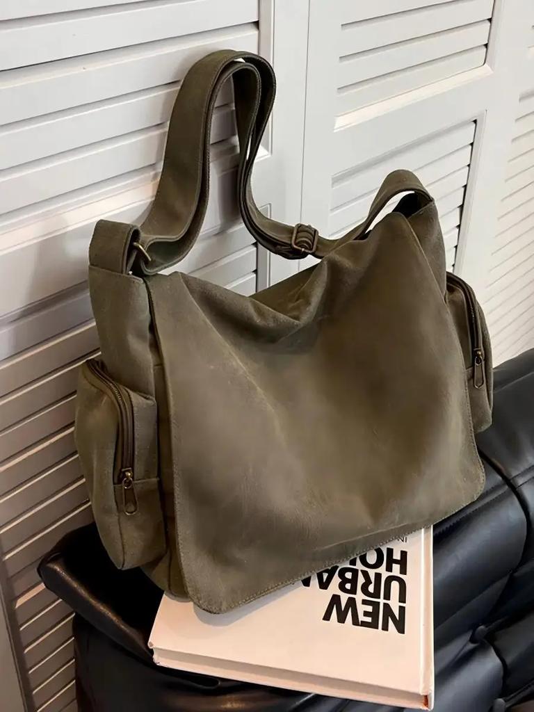 Vintage Women's Canvas Bag Multiple Pockets Shoulder Bag Army Green Female Messenger Bag Laptop Crossbody Bag Commuting
