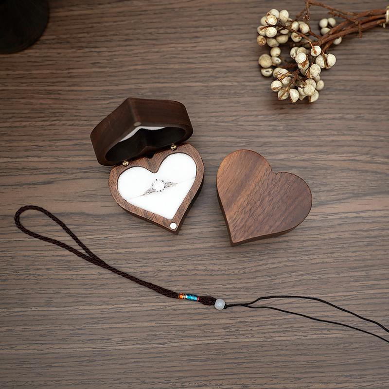 Boîte à bagues en bois de noyer en forme de cœur, support pour bague de fiançailles, boîte de rangement pour bijoux, sans bague