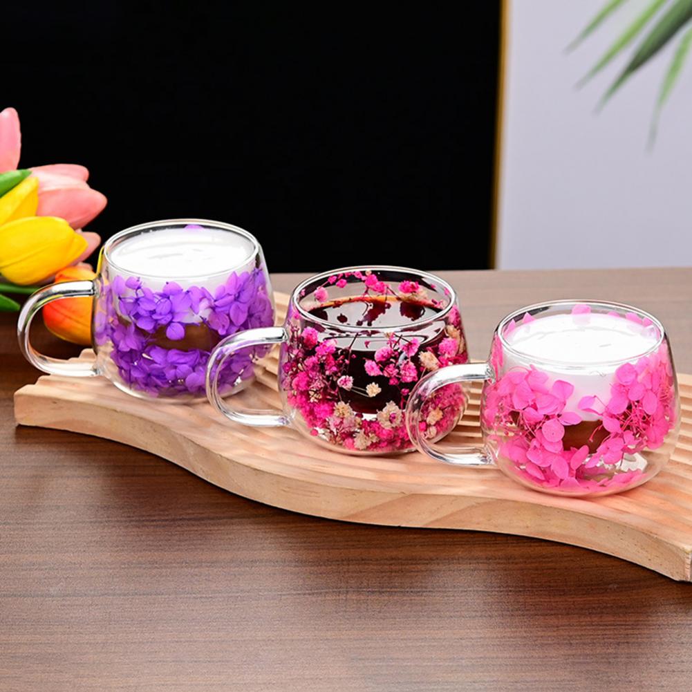 Double Wall Glass Coffee Mugs Set of 4 High Borosilicate Insulated Cups with Colorful Petal Design for Tea