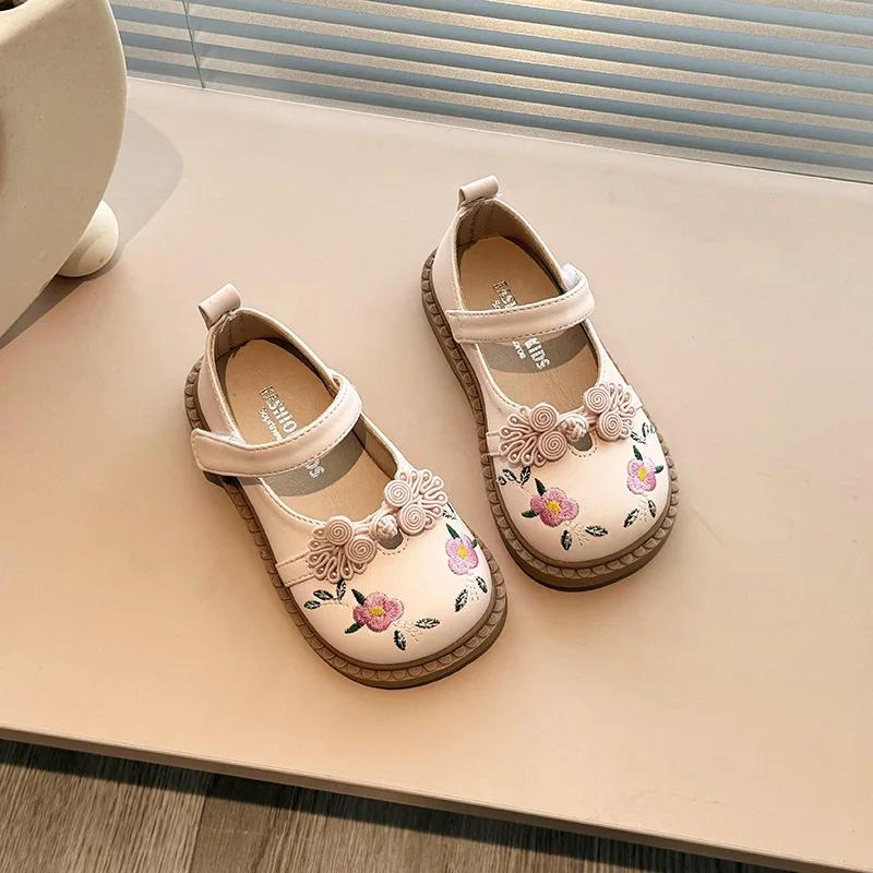 Móda Dětská Kožená Bota Móda Vyšívané Květiny Dívčí Ploché Boty Kauzální Všestranné Jaro Podzim Dětské Princeznovské Boty Protiskluzové