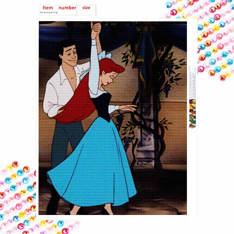 Disney Diamond Art Painting Kit, suitable for adults and beginners, Ariel Prince dancing glitter painting craft, home wall decoration, handmade gift