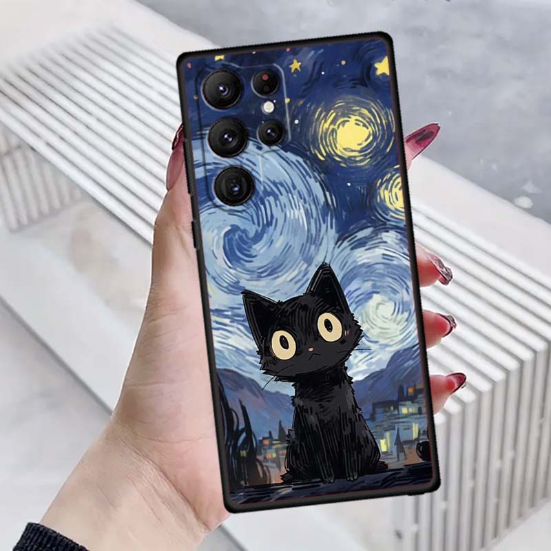 Cute cartoon cat illustration Phone Case For Samsung Galaxy S26 S25 S24 S23 S22 S21 S20 Ultra Plus FE 5G Black Soft TPU