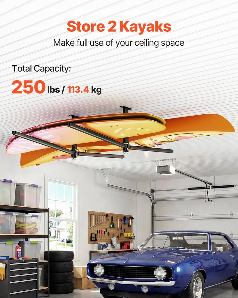 Kayak Storage Rack for 2 Kayaks, Holds Up to 113.4 kg, Heavy Duty Adjustable Ceiling Rack for Garage Ceiling Mount, Overhead Garage Storage Hanger for