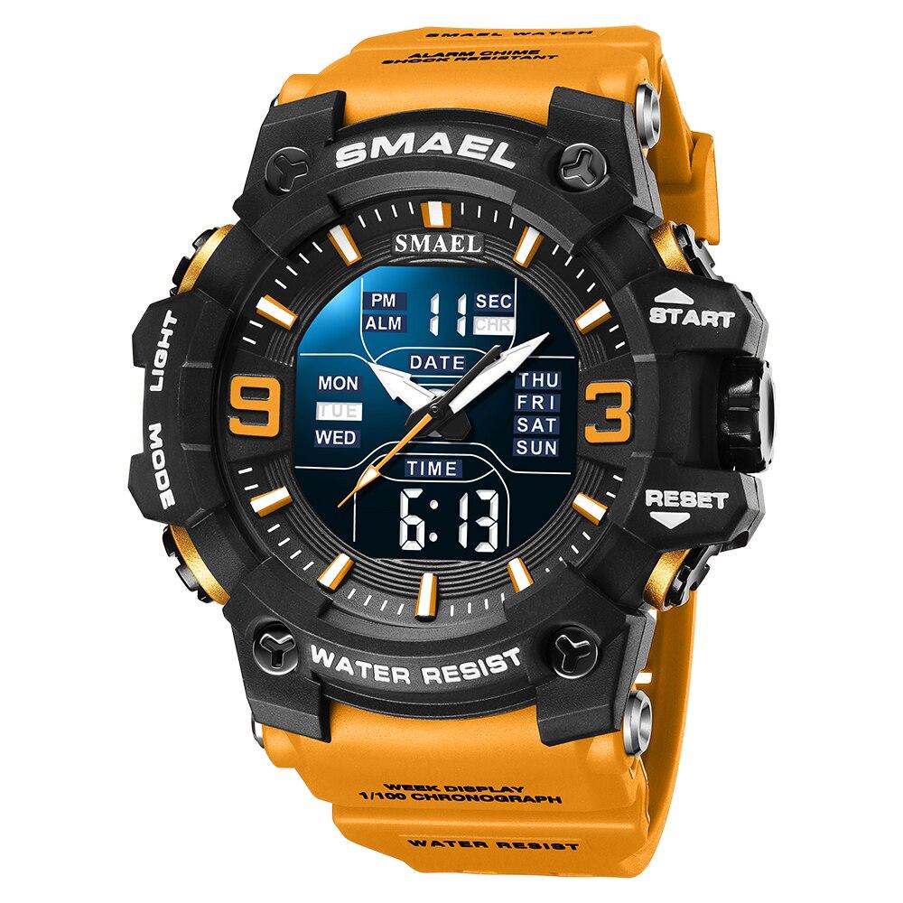 SMAEL Heren Dubbele Display Horloges Sport Waterdicht LED Licht Wekker Dubbele Tijdweergave Week Automatische Datum Polshorloges 8049 Sport Polshorloge