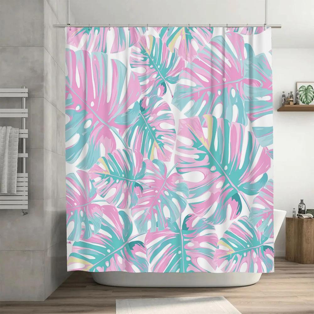 Vibrant Palm Leaf Shower Curtain For Bathroom Decor Pink Teal Floral Waterproof Fabric Decoration