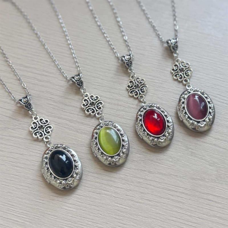 Fantasy Themed Oval Pendant Necklace Gothic Victorian Neckchain Stylish Jewelry With Vintage Gemstones