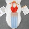Estate Donna Elegante Lettera Halter Maglione Lavorato a Maglia Mini Corto Aderente Guaina Pullover Abiti