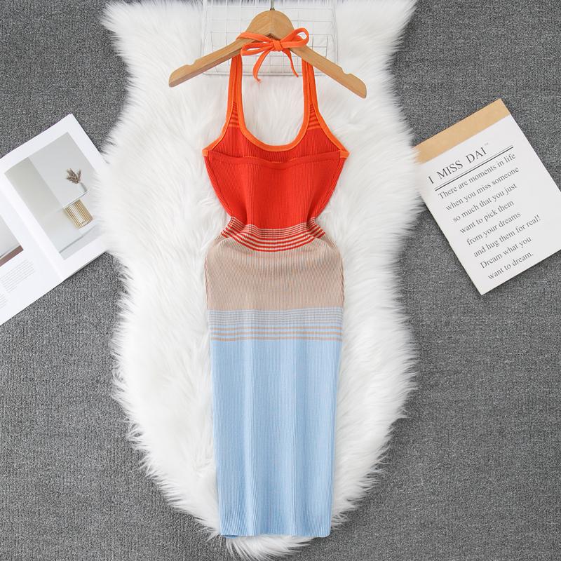 Estate Donna Elegante Lettera Halter Maglione Lavorato a Maglia Mini Corto Aderente Guaina Pullover Abiti
