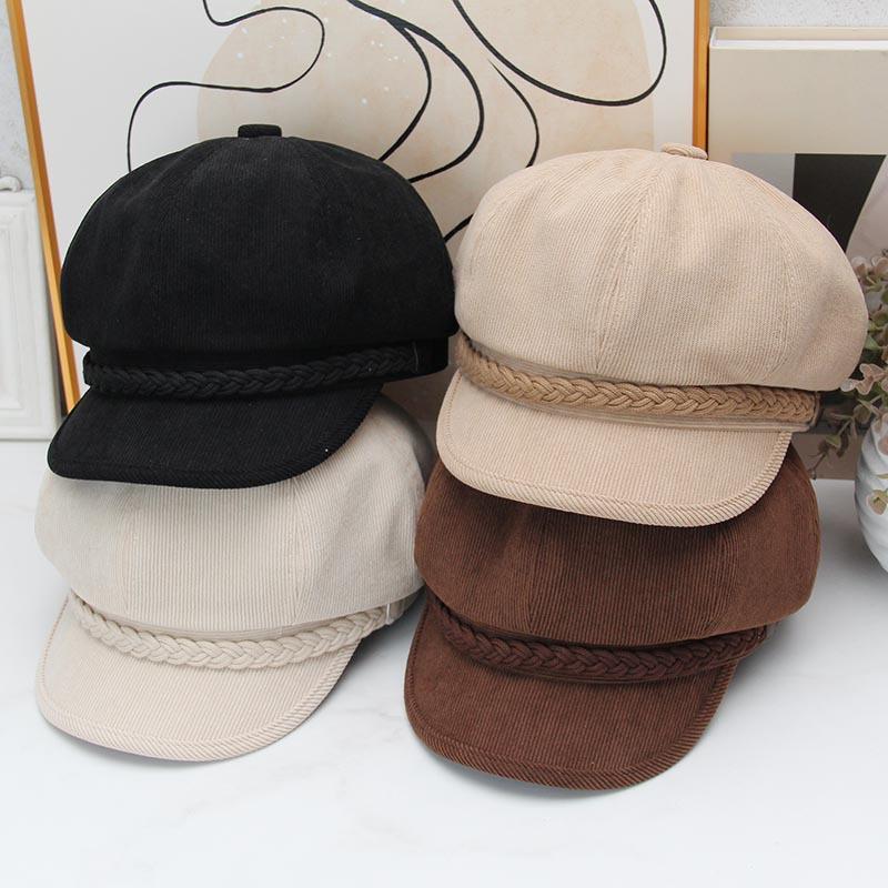 Retro Corduroy Octagonal Hat Women's Autumn and Winter Braided Newsboy Hat Showing Face Small Versatile Painter Hat