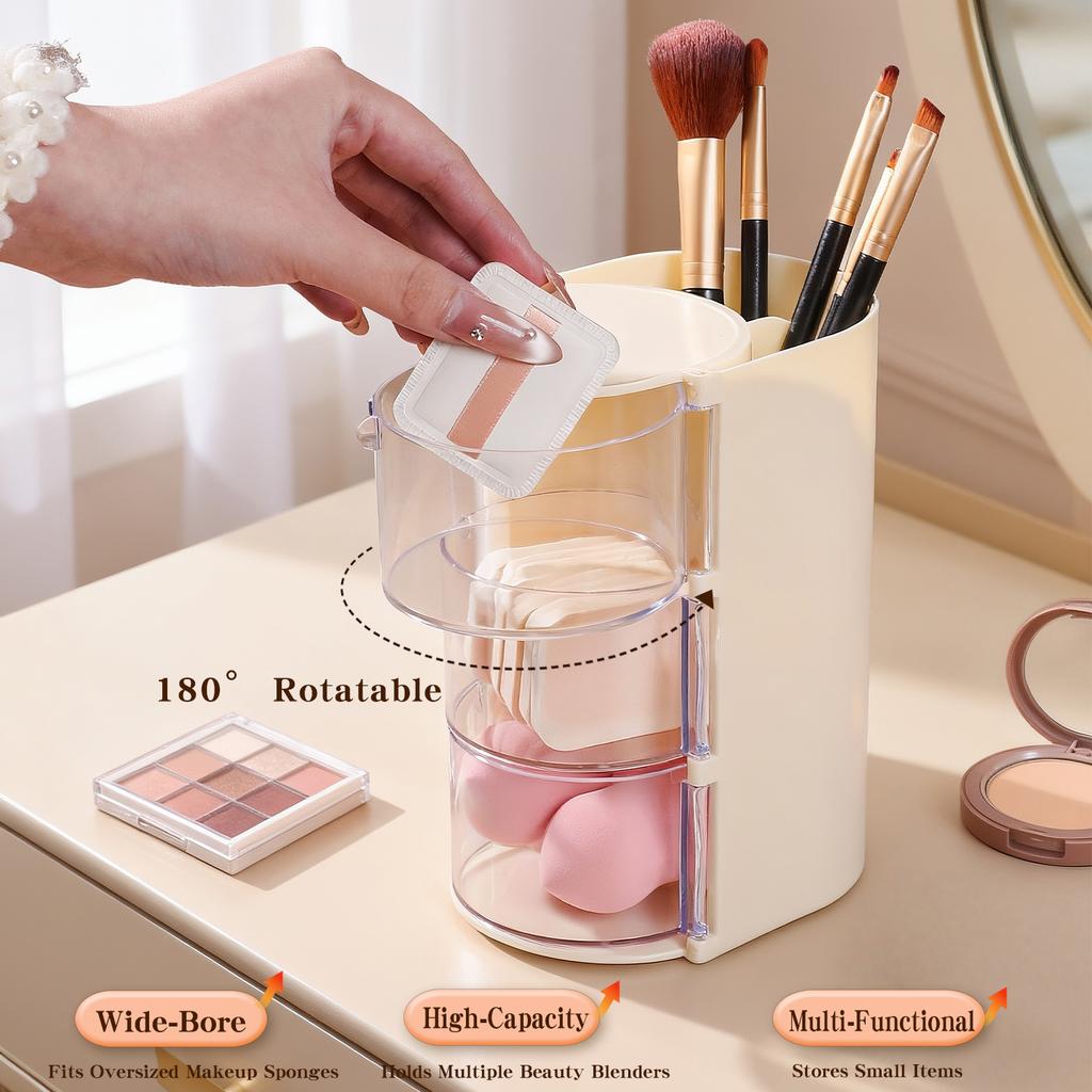 3-layers Rotating Dustproof Cosmetic Storage Box Multilayer Makeup Sponge Cushion Powder Puff Organizer Tube Desktop Makeup Storage