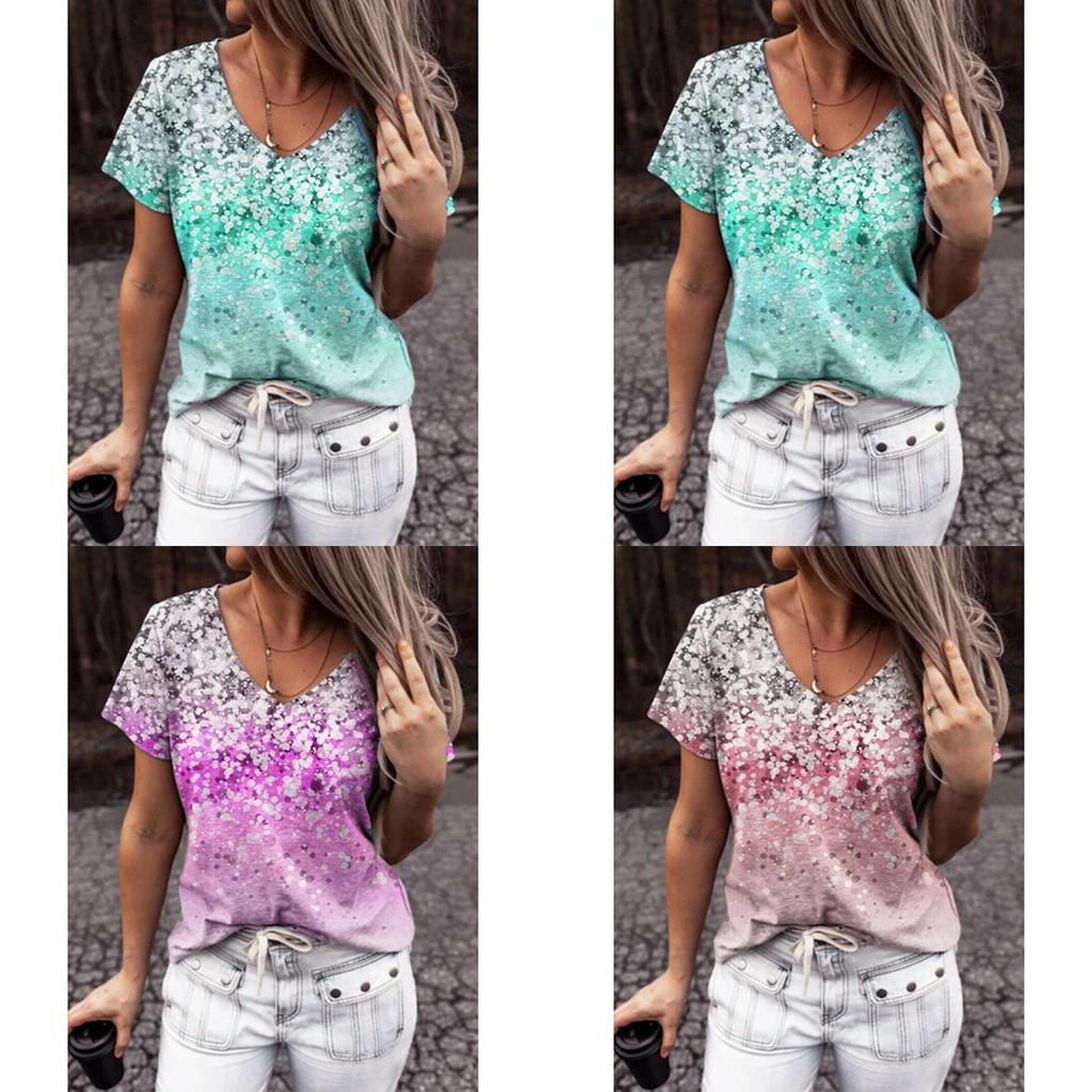 Elegant Womens V-neck Short Sleeve Floral Print Tops T-shirt For Casual Wear