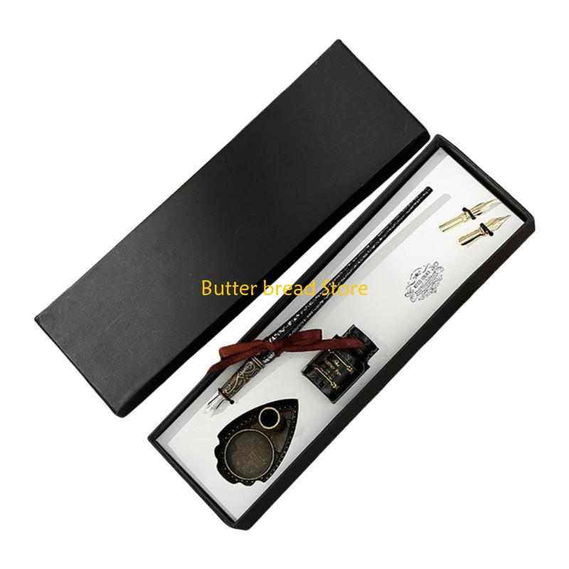 W89C Glass Dip Pen and Inks Set with Pen Holder Replaceable Pen Tip Beginner Caligraphy Set for Art Writing Drawing Signing