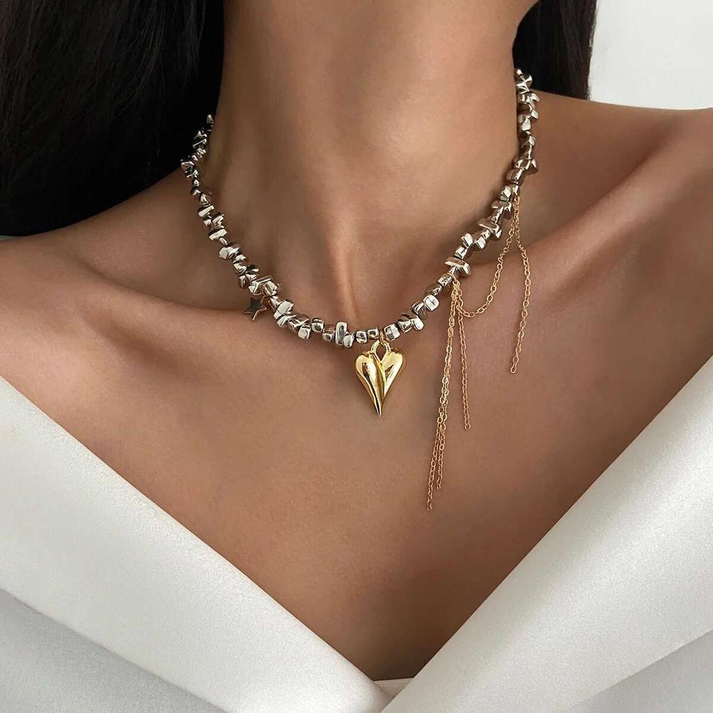 PuRui Fashion copper Color Irregular CCB Beads Heart Pendant Necklace Women Elegant Noble Qi Alloy Clavicle Chain Party Zircon