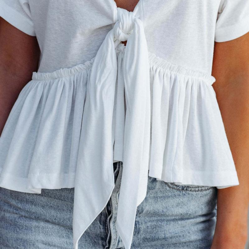 DAFIFY Women's Fashion Casual Summer Solid Color Print Short Sleeve V-Neck Blouses & Shirts