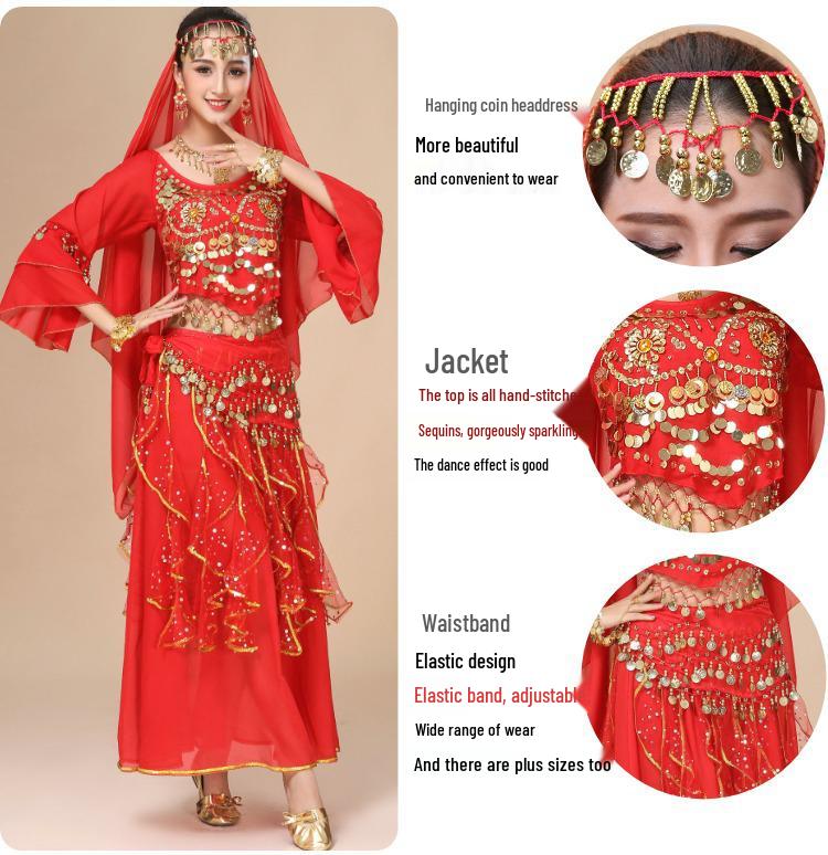 Costum Dans din Buric pentru Femei - Set Etnic de Performanță cu Fustă cu Mâneci Clopot