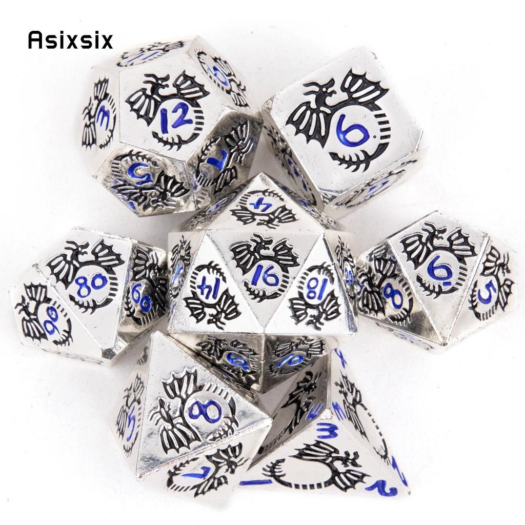 7 Pcs Black White Dragon Metal Dice Solid Metal Polyhedral Dice Set Suitable for Role-Playing RPG Board Game Card Game