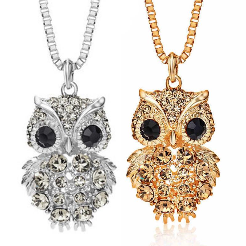 Owl Pendant Long Chain Necklace For Women With Gold Plated Alloy Gemstone Embellishments