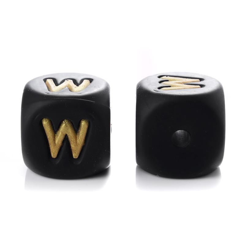 12mm 10Pcs Silicone Black+Gold Letters Beads English Alphabet Letter Beads for Baby Teething Teethers Shower Gifts BPA Free