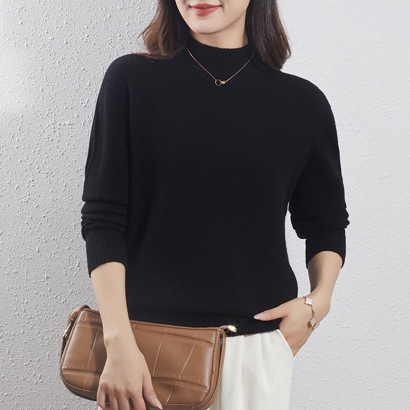 Women's Light Luxury Wool Pullover – Half-High Collar, Thick Knit, Loose Fit, 100% Wool, Perfect for Autumn/Winter.