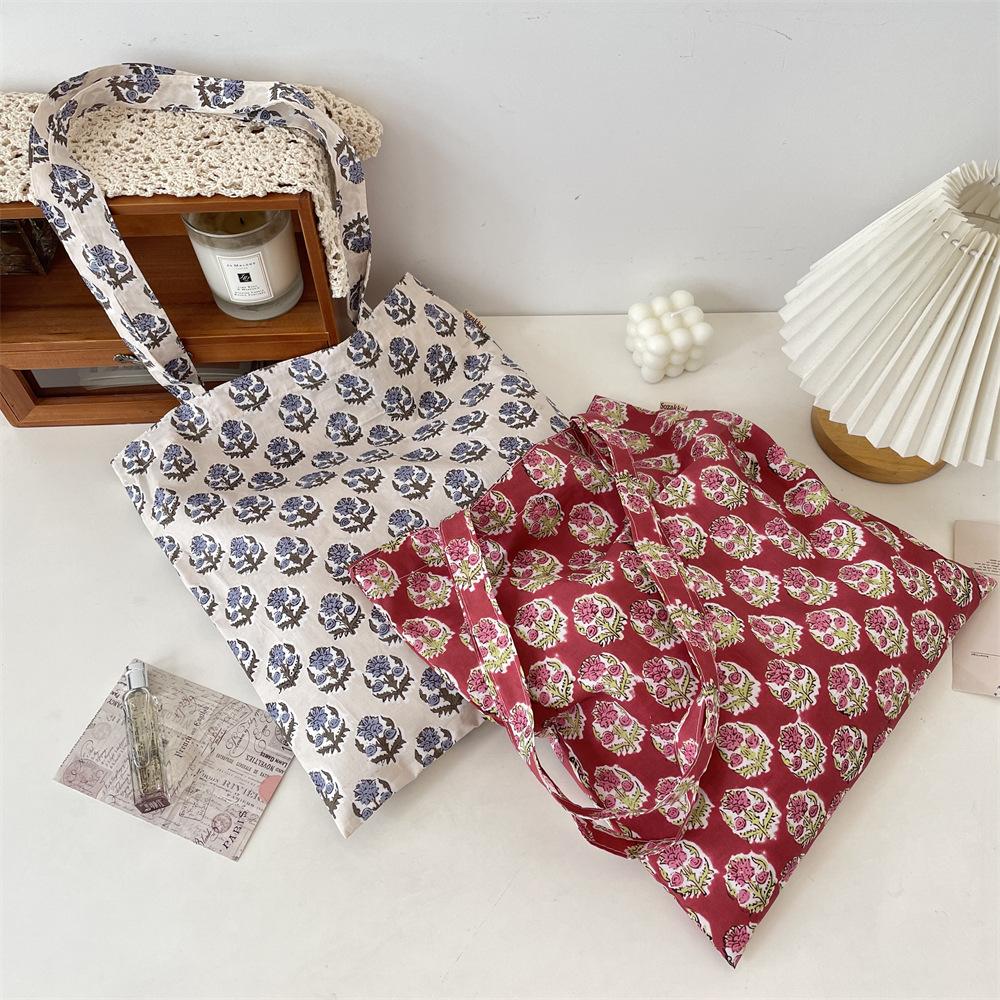 Summer Retro Floral Single-layer Thin Shoulder Bag Large-capacity Canvas Bag Women's Shopping Commuter Shoulder Bag