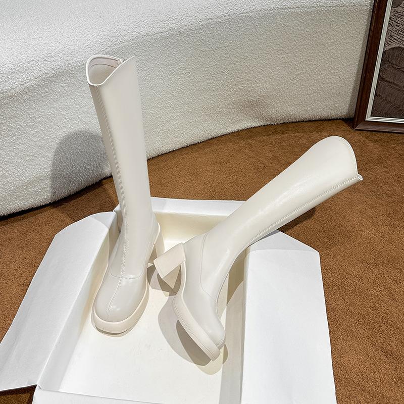 

Белые сапоги для женской осени и зимы новые на высоком каблуке, но ботфорты на толстой подошве эластичные сапоги рыцарские сапоги для женщин 34