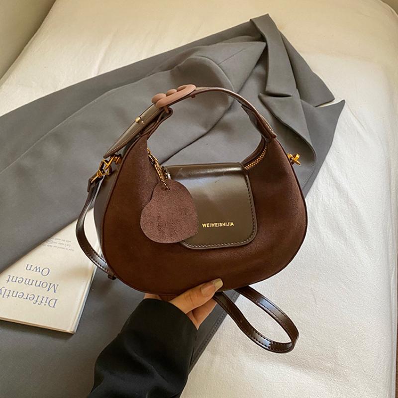 Vintage Crescent Mo Shape Shoulder Bag Fashi Casual Small Handbag With Suede & Leather Patchwork Women Commute Crossbody Bag