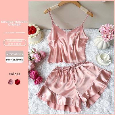 Women's Backless Spaghetti Strap Imitation Silk Pajamas Set - Casual, Fashionable, Sexy Shorts Lounge Wear