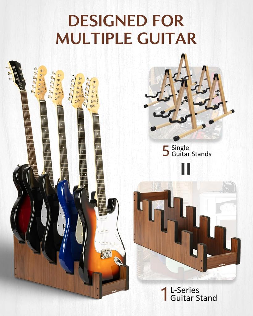 STRICH Wooden Guitar Front Stand for and Stage Walnut Color 5 L-5EW Floor-Mounted Stand, 5-Guitar Capacity, Display, Space-Saving, Multi-Guitar Home,