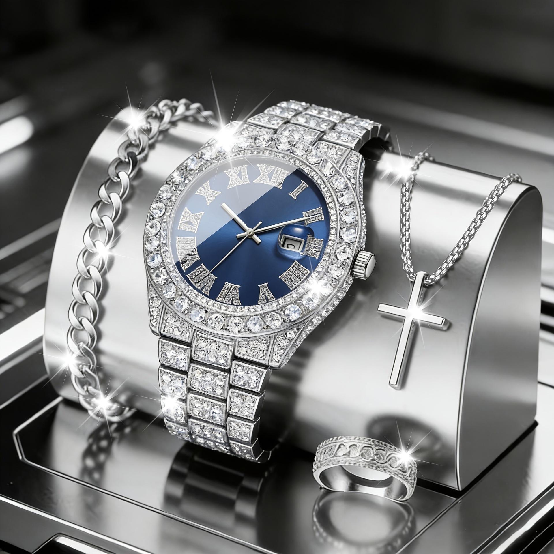 4Pcs Men S Watch Set Hip Hop Full Diamond Quartz Watch Set Men S Business Quartz Watch Gift box not included