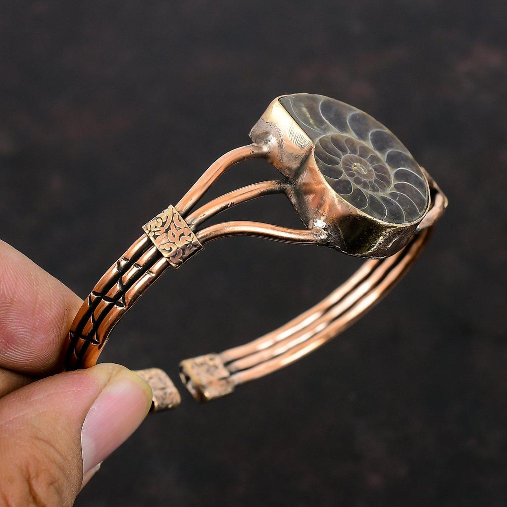 Ammonite Fossil Cuff Bracelet Copper Wire Wrapped Gemstone Bangle Adjustable Cuff Bracelet Handmade Stylish Bangle Copper Jewelry For Gifts
