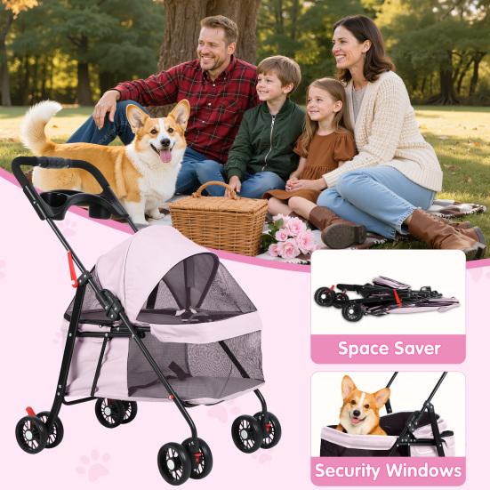 4 Wheels Folding Pet Stroller with Cup Holder, Breathable Mesh for Small Dogs and Cats, 7.5kg Capacity