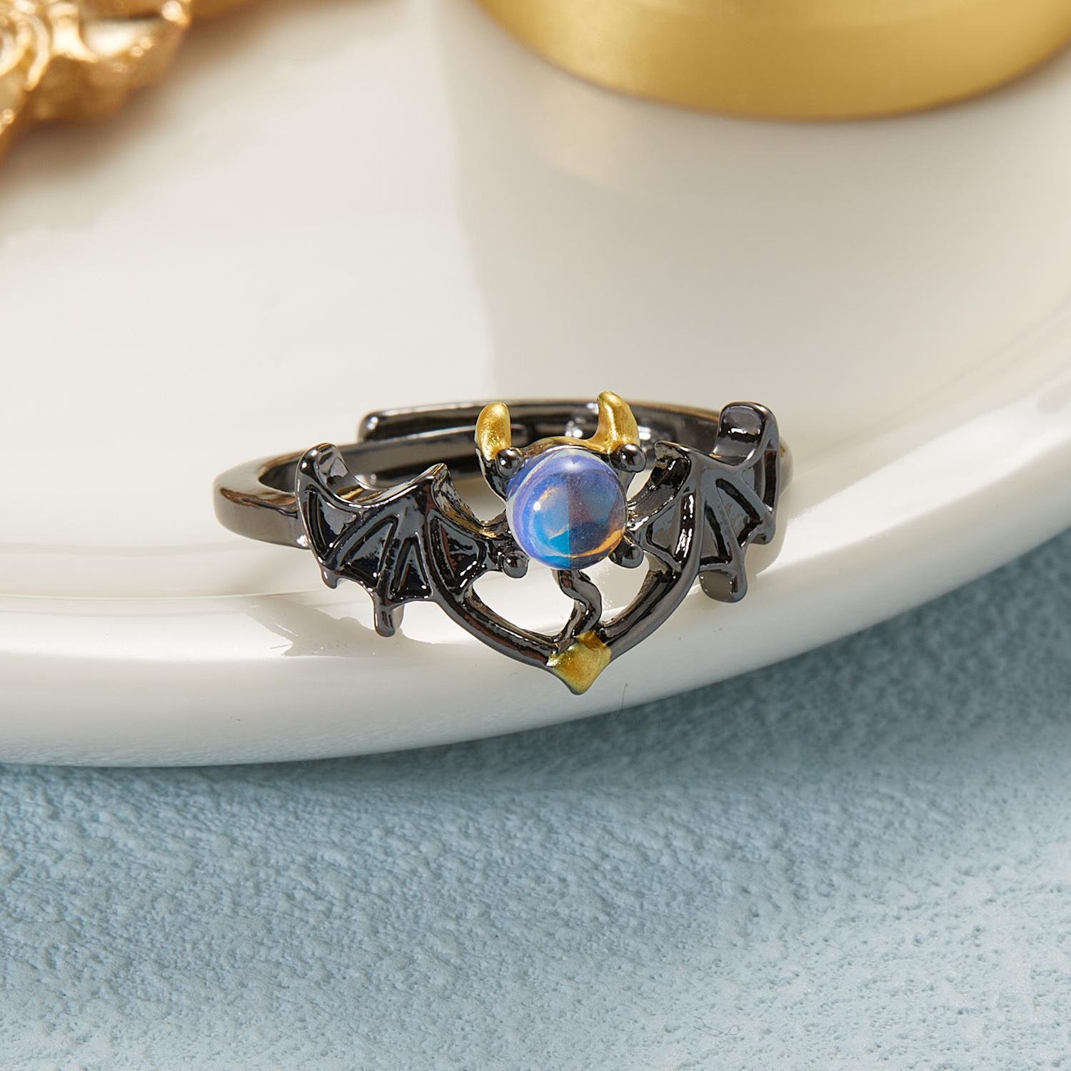 Romantic Angel and Demon Wings Couple Rings For Women Goth Fashion Moonstone Adjustable Opening Finger Men s Ring Party Jewelry